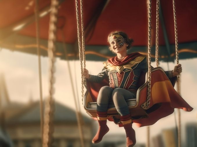 Kind als Held verkleidet im Karusell sitzend